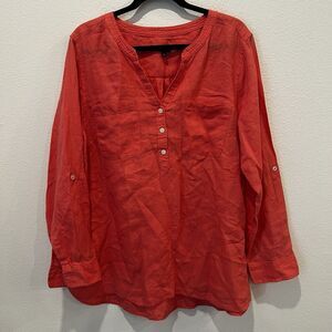 Talbots Womens Coral Orange 100% Linen Side Button Band Collar Popover Sz Xl